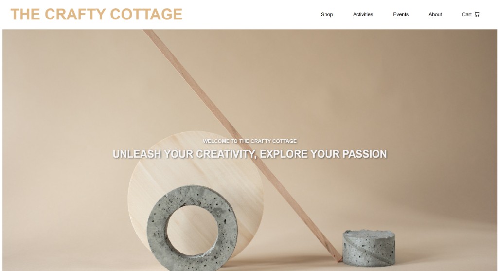 Crafty Cottage site hero with welcome headline and craft styling