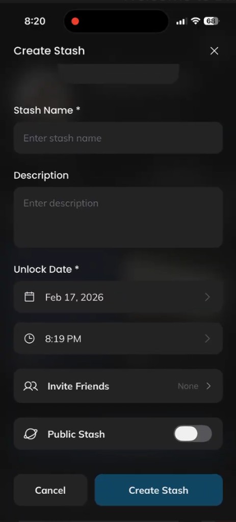 OpenTomorrow create stash form with unlock date and invite settings