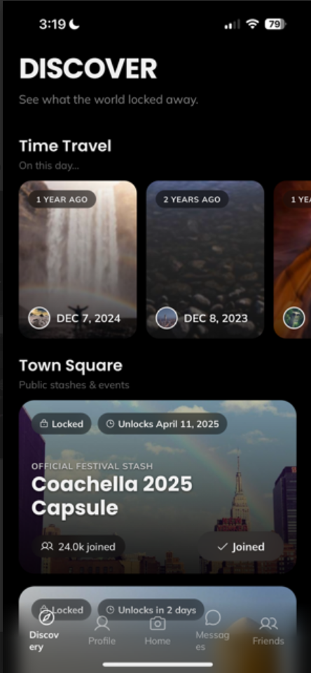 OpenTomorrow discover screen with time-travel and community stash cards