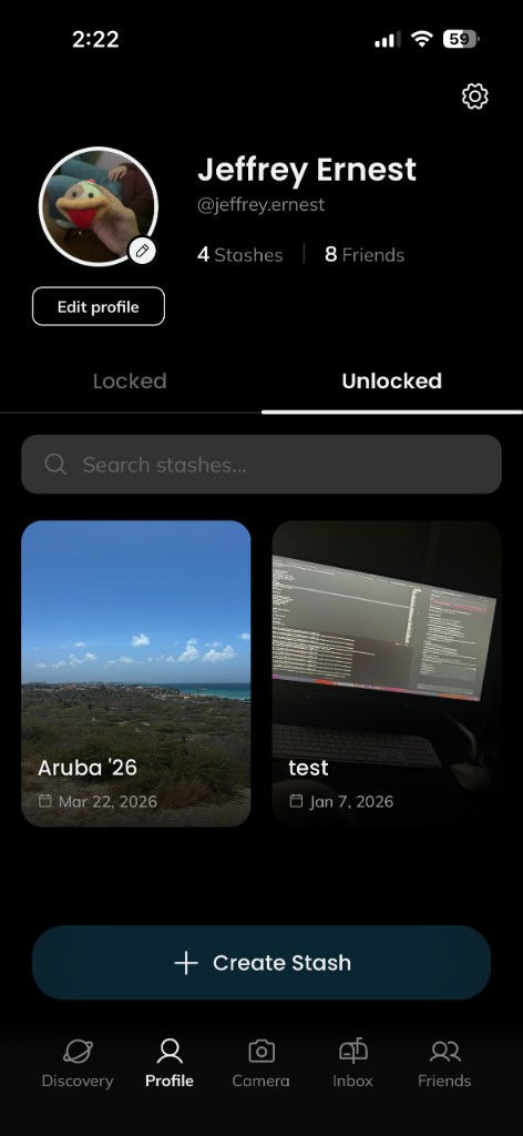 OpenTomorrow profile view showing locked and unlocked stashes